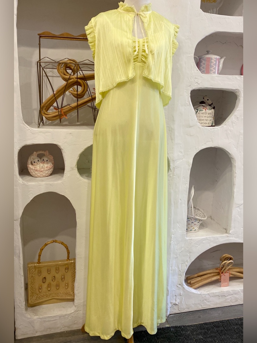 60s 70s Retro Yellow Maxi Dress with Matching Capelet with Ribbon Ties